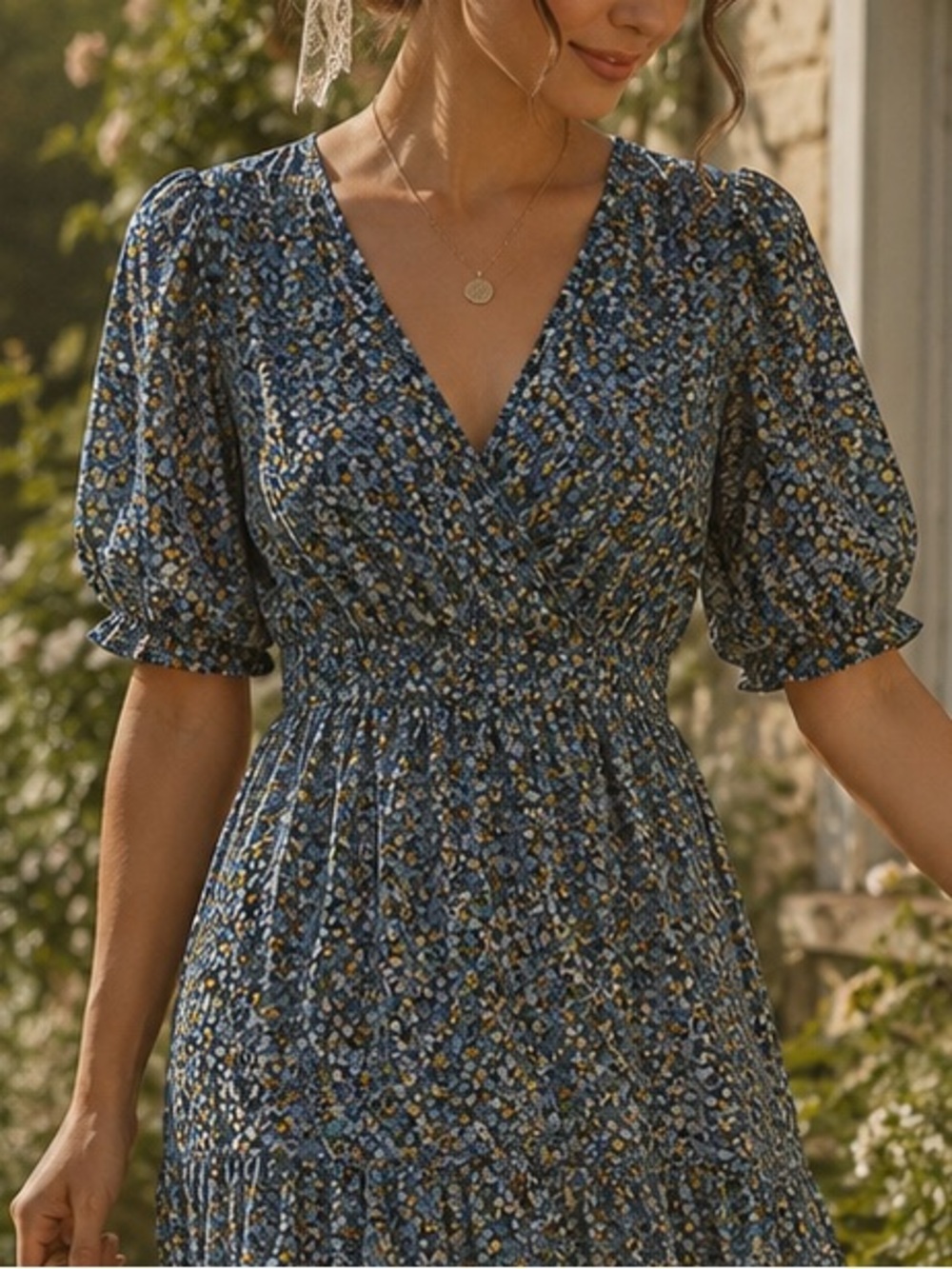 Old Navy Floral Midi Wrap Dress Large Puff Sleeve Smocked Cottagecore Boho Large - Picture 4 of 9